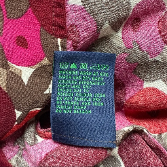 VTG BODEN Mod Floral Print Reds Oranges Tan Faux Wrap 3/4” Sleeve Dress Size 10L - Picture 14 of 15